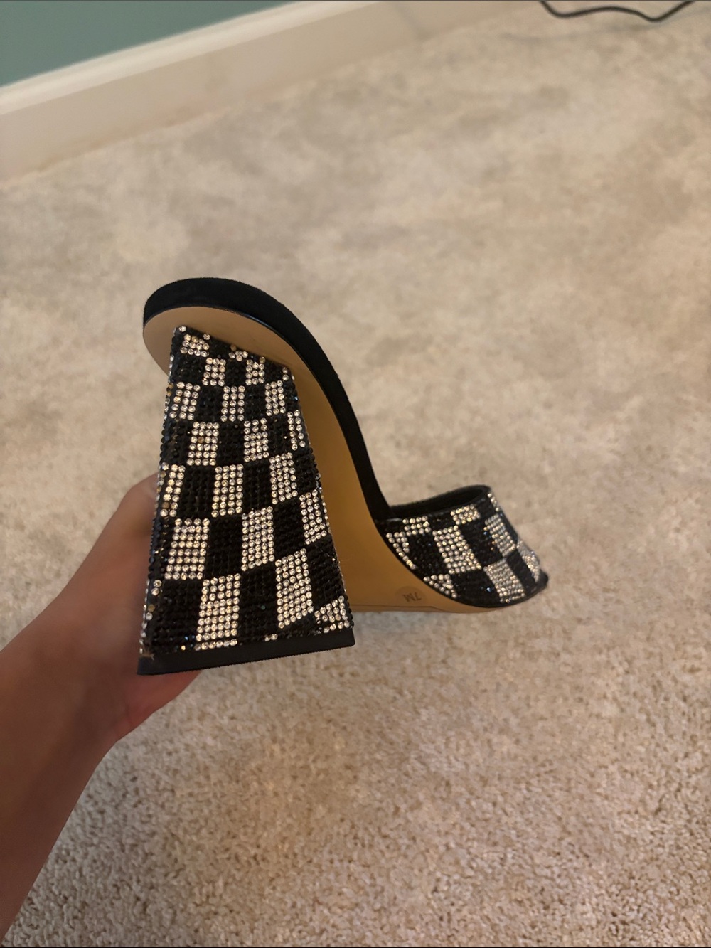 Gianni Bini Black & Silver Checkered Crystal Block Heel Mules - Picture 3 of 4